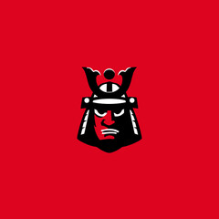 Stylized samurai head graphic against red background for design projects