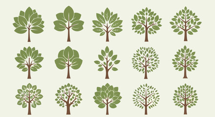 Set of 12 Tree Icons in Various Shapes and Sizes
