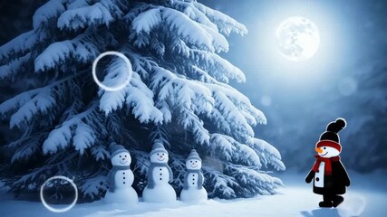 Whimsical Snowman Family and Lone Snowman Under Full Moon Snowy Forest Night Enchanting Winter Scene - Powered by Adobe