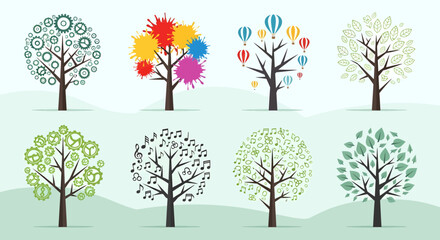 Six trees with colorful leaves and ornaments