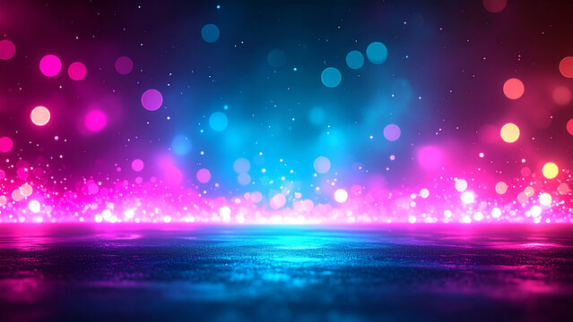Abstract neon light background with bokeh effect and a reflective surface, vibrant stage - Powered by Adobe