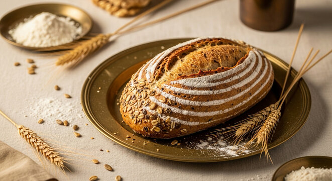 Artisan sourdough bread loaf with decorative scoring, dusted with flour and topped with seeds, displayed on a bronze plate with wheat stalks and flour.