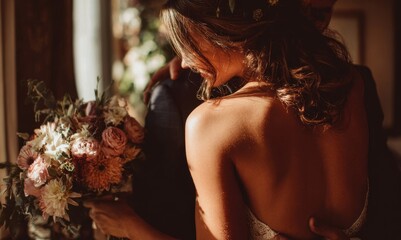 The groom embraces the bride from behind as she carries a bouquet