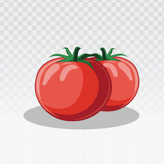 Two ripe red tomatoes with green stems in a clean graphic style. Perfect for food packaging design, healthy eating visuals, recipe illustrations, restaurant branding, or gardening-themed graphics.