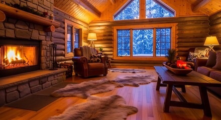 Cozy log cabin living room with a roaring fireplace and snow-covered trees visible through the large window.