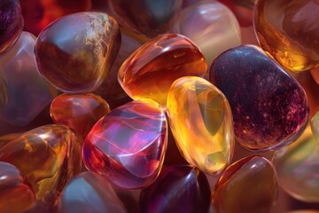 Polished Agate Stones - Vibrant Colors, Smooth Textures, and Iridescent Reflections.