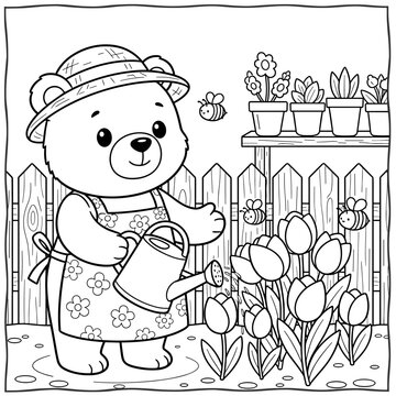 Vector illustration coloring page of a cute bear tending a flower garden with tulips and bees, hand drawn kawaii cartoon for kids