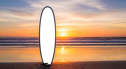 Surfboard stands upright on sandy beach during vibrant sunset reflecting on the ocean, capturing the essence of a peaceful and adventurous coastal lifestyle.