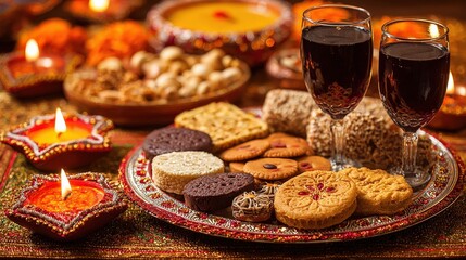 Fototapeta premium Festive display of assorted delicacies features a table laden with various treats like cookies, nuts, and sweet dishes, complemented by lit candles and glasses filled with a dark red liquid