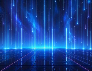 Abstract blue stage with descending glowing lines and reflected floor