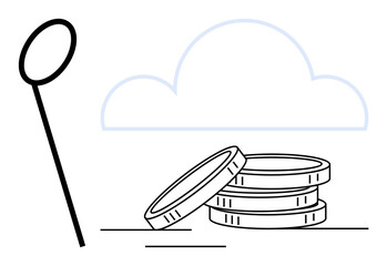 Stacked coins next to a cloud and minimal magnifying glass suggest financial and digital analysis. Ideal for economy, technology, finance, data, research, money management, simple flat metaphor