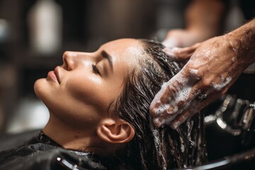Stylist shampoos woman s hair at spa for a new style Customer service in hair care Ad space available