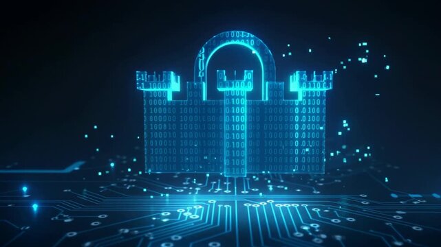 It is a three-dimensional visualization of a lock made of a binary code that consists of zeros and ones.