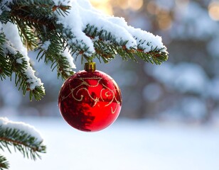 A vibrant red ornament, adorned with golden swirls, hangs from a snow-covered evergreen branch against a blurred winter backdrop. Sunlight filters through