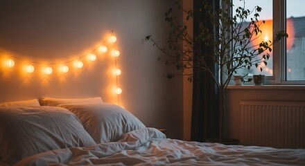 Cozy bedroom with string lights and a plant by the window at dusk.