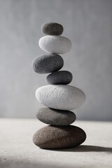 Serene Equilibrium - A Minimalist Tower of Seven Balanced Stones in Soft Light.