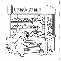 Fototapeta premium Vector illustration coloring page of a cute fox buying bread at a bakery stall with pastries and flowers, hand drawn kawaii cartoon for kids