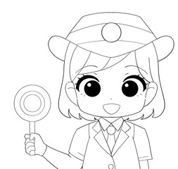 半袖の制服を着た女性駅員のかわいい白黒イラスト