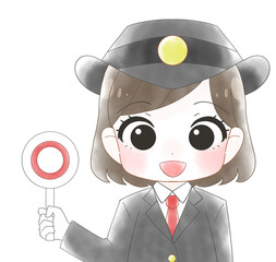 長袖の制服を着た女性駅員のかわいい水彩風イラスト
