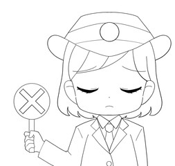 長袖の制服を着た女性駅員のかわいい白黒イラスト