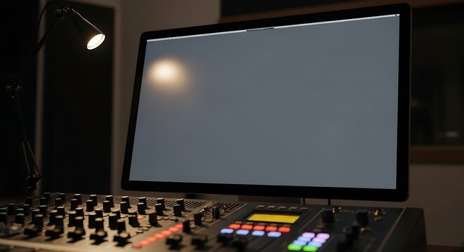 Sound engineer adjusting audio mixer in recording studio during late night session, creating music with professional equipment and focused atmosphere.