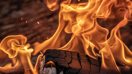 Fiery flames engulfing wood with intense heat and vibrant light