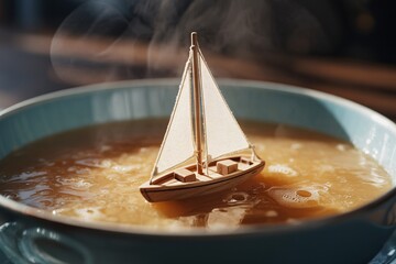 Sailboat soup bowl steam miniature surreal fantasy whimsical food liquid ocean background