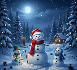 Obraz premium Snowmen standing in winter Christmas landscape.Winter background.