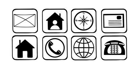 An icon set containing name, address, location, mail, email, E-mail, chat speech bubble, website, telephone, cell phone, fax for apps and websites.Business card contact information icon set. Containin