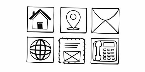 Business card contact information icon set. Containing name, address, location, mail, email, E-mail, chat speech bubble, website, telephone, cell phone, fax for app and website. Vector illustration.