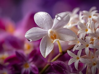 Macro Photography of White Orchid and Jasmine with Water Drops