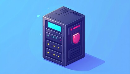 Isometric view of a futuristic server, glowing details, on a blue backdrop