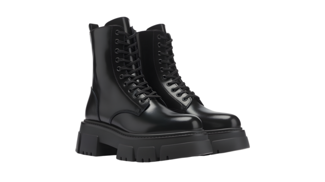 Chic black leather combat boots featuring a bold platform sole and lace up closure perfect for modern edgy fashion statements.