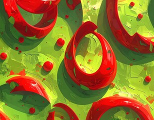 Abstract composition with looping red forms on textured green