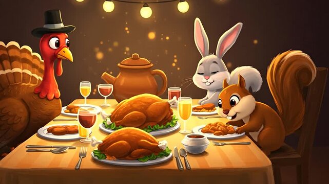 Animated animal gathering around a festive dinner table illuminated by warm lights