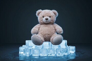 Teddy bear ice cubes pile cold soft contrast surreal fantasy whimsical dark background