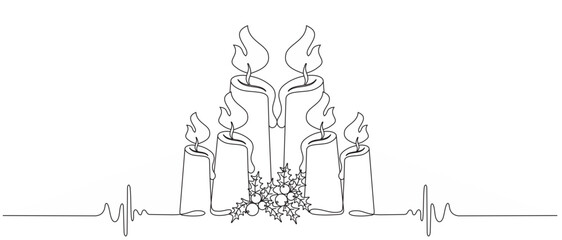 Line art style vector illustration of Christmas candles, flowers and Christmas baubles for greeting barner and more