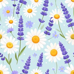 Obraz premium Seamless Floral Pattern with Daisies and Lavender on Blue Background — Vector Illustration