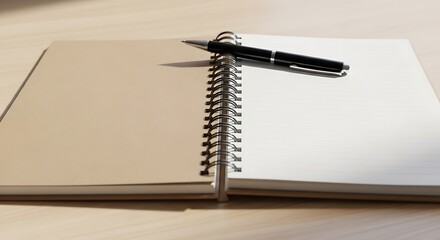 Open spiral notebook with blank pages sits on a bright wooden desk with a pen resting on top, suggesting creativity and potential.