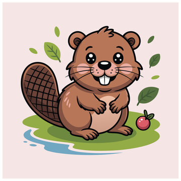 A charming vector illustration featuring an adorable beaver cartoon character in a flat design style.