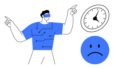 Individual wearing AR glasses pointing upward, circuit-thumbs up design on shirt, clock indicating time, and sad face icon symbolizing emotion. Ideal for technology, time management, emotional