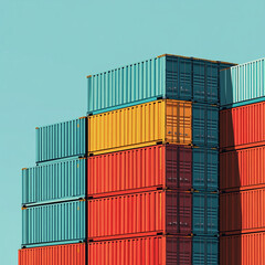 Stack of multicolored shipping containers under clear sky in freight terminal symbolizing cargo transport and global logistics
