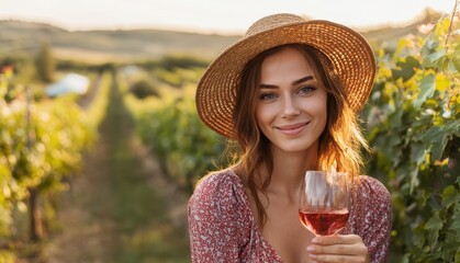 Smiling young woman in a vineyard with rose wine on summer vacation Wine tourism