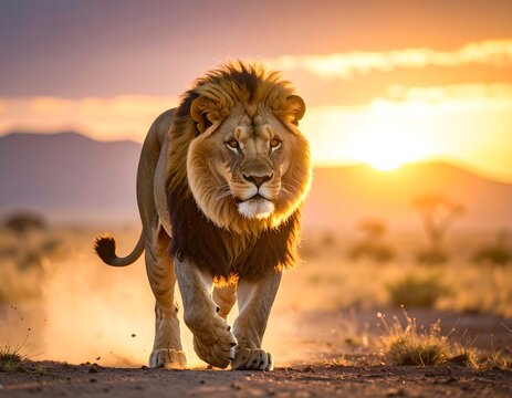 Majestic lion walking toward the viewer in African savanna sunset