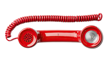 A red sports car isolated on white next to a retro red telephone with a black cable