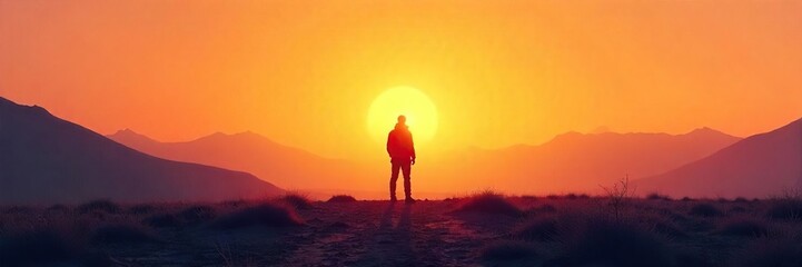 Silhouetted Figure in Expansive Landscape Solitude, Introspection, and Detachment at the Horizon