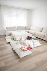 Minimalist Living Room Interior with Stuffed Toys for Montessori-Inspired Screen-Free Play, Imaginative Play