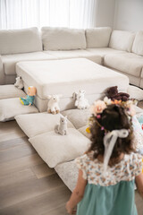 Screen Free Play, Little Girl Playing with her Stuff Toys in Minimalist Montessori Inspired Home