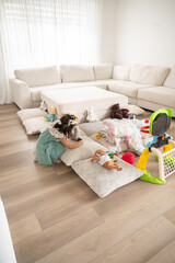 Screen Free Play, Little Girl Engaged with Toys in Minimalist Montessori Home