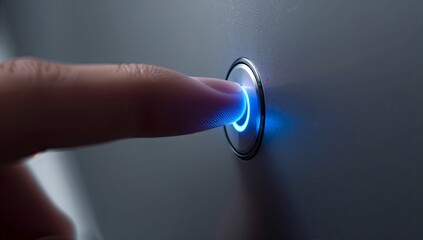 A human finger is touching a blue glowing circular biometric sensor button
